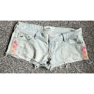 Hollister Micro Denim Shorts W28 Size 7 Embroidered Frayed Cut Off Blue Y2K
